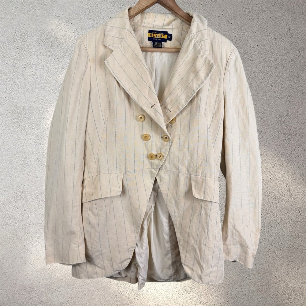 Polo Ralph Lauren Rugby Linen Pinstripe Tailcoat Double Breasted Blazer Sz 12